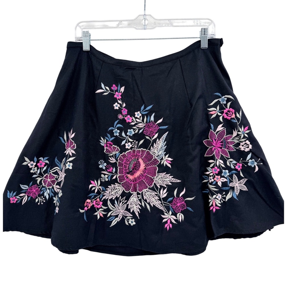 Papillon Circle Skirt Large Black Magenta Floral Embroidery Skater Whimsigoth